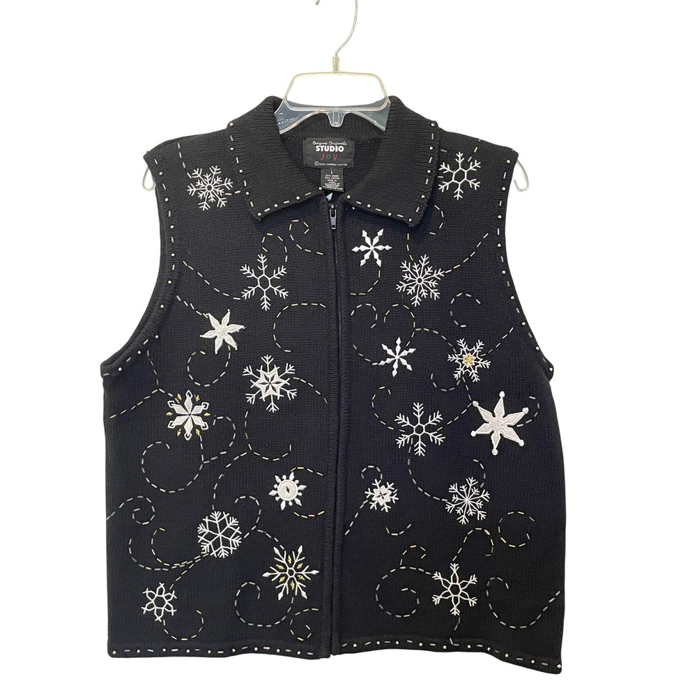 Vintage Designers Originals Studio Joy Sweater Vest Large Beaded Snowflake Zip
